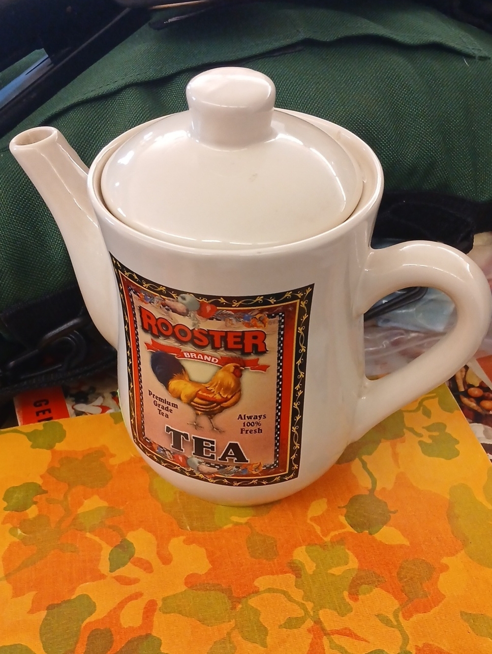 Oster Cream Ceramic Teapot with Rooster Tea Label